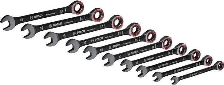Bosch Professional Schraubenschlüssel-Set 10-tlg. – Ringmaulschlüssel mit Ratsche, 8–19 mm & Tasche
