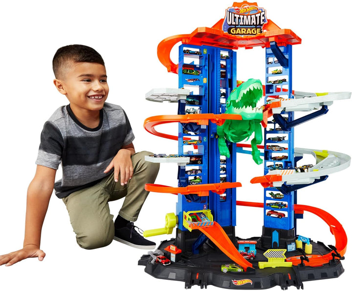 Hot Wheels Ultimate Garage GJL14 – Parkgarage mit Robo-T-Rex, Rennstrecke & 2 Autos