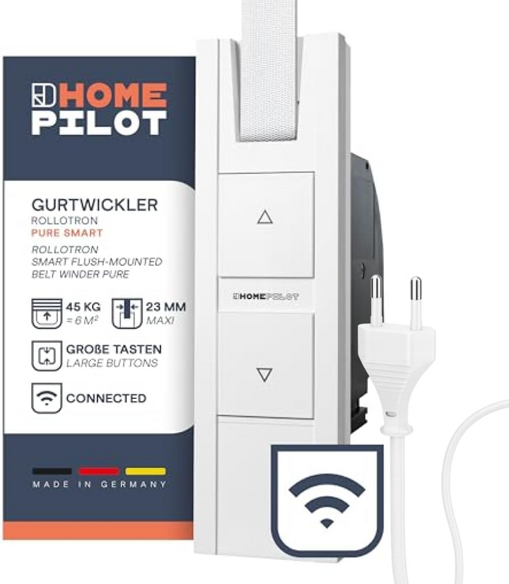 HOMEPILOT RolloTron pure smart – elektrischer Funk-Gurtwickler mit App-Steuerung, 45 kg Zugkraft & 23 mm Gurtband