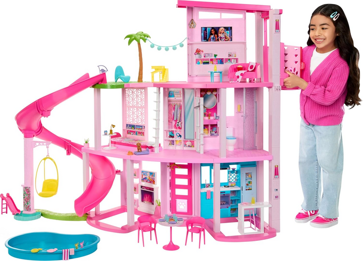 Barbie DreamHouse HMX10 – 3-stöckiges Puppenhaus mit Spiralrutsche, Pool & 75+ Zubehörteilen