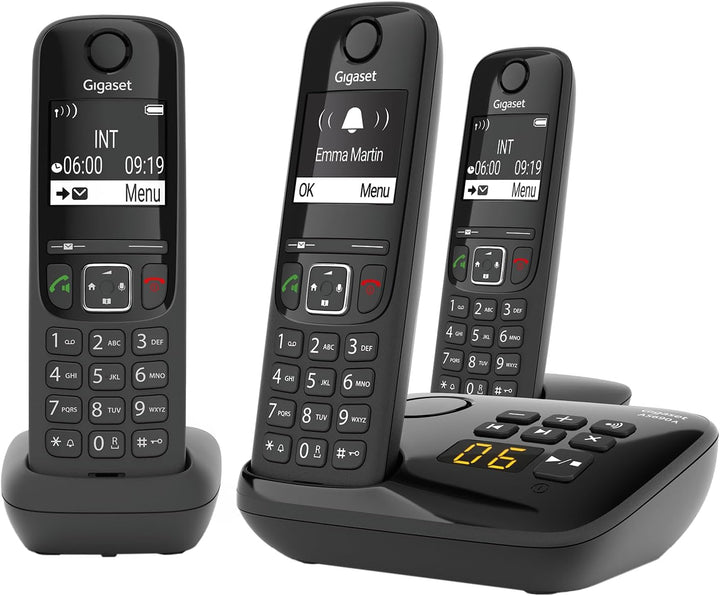 Gigaset AS690A Trio Schnurlose DECT-Telefone – 3 Mobilteile mit Anrufbeantworter, Schwarz